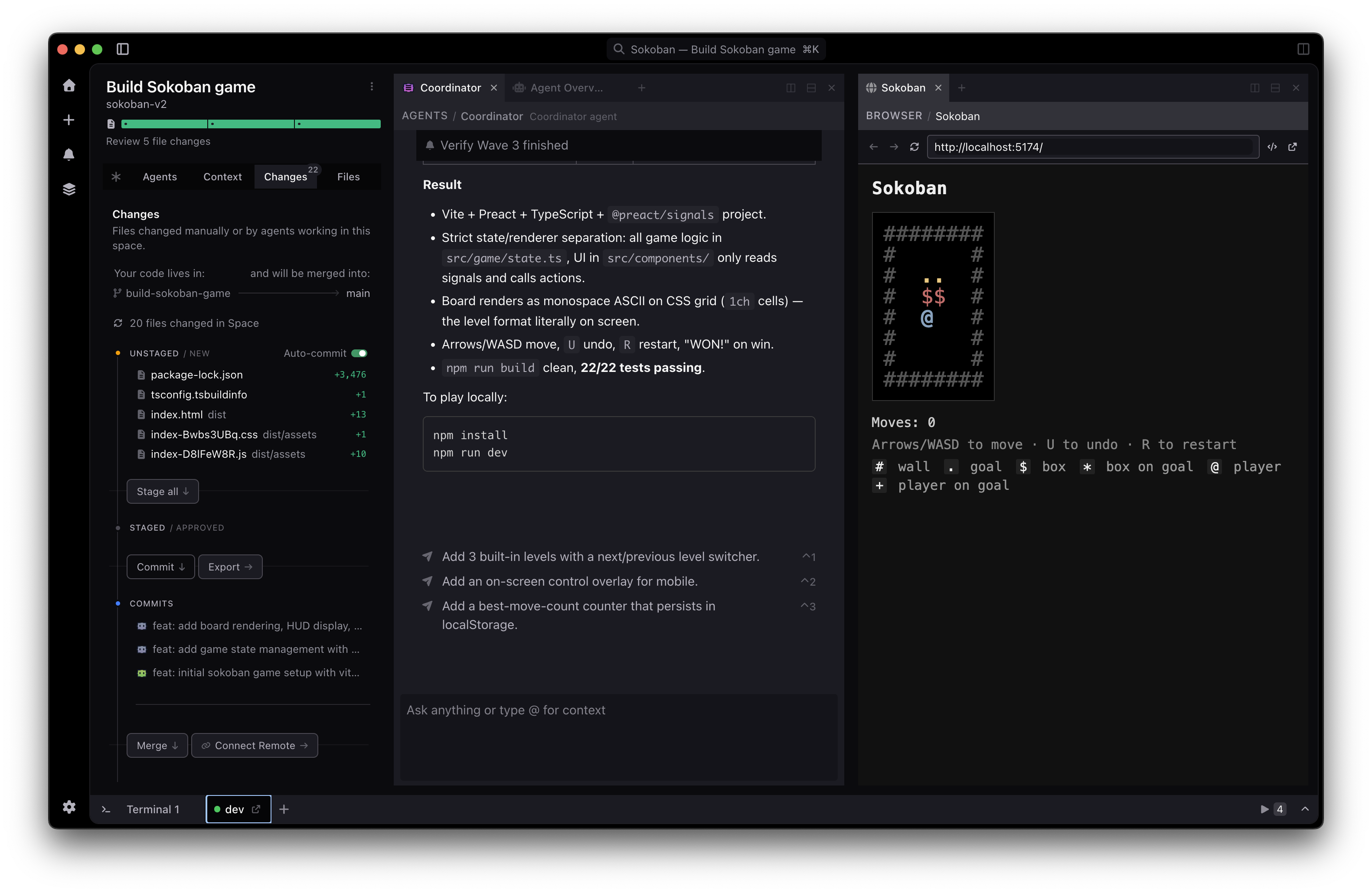 Screenshot of Augment Intent showing a sokoban-style visualization of agent work
