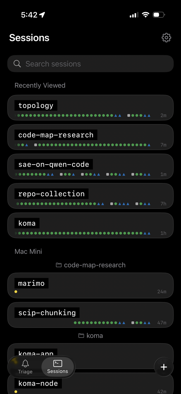 Screenshot of the agent app's sessions list view