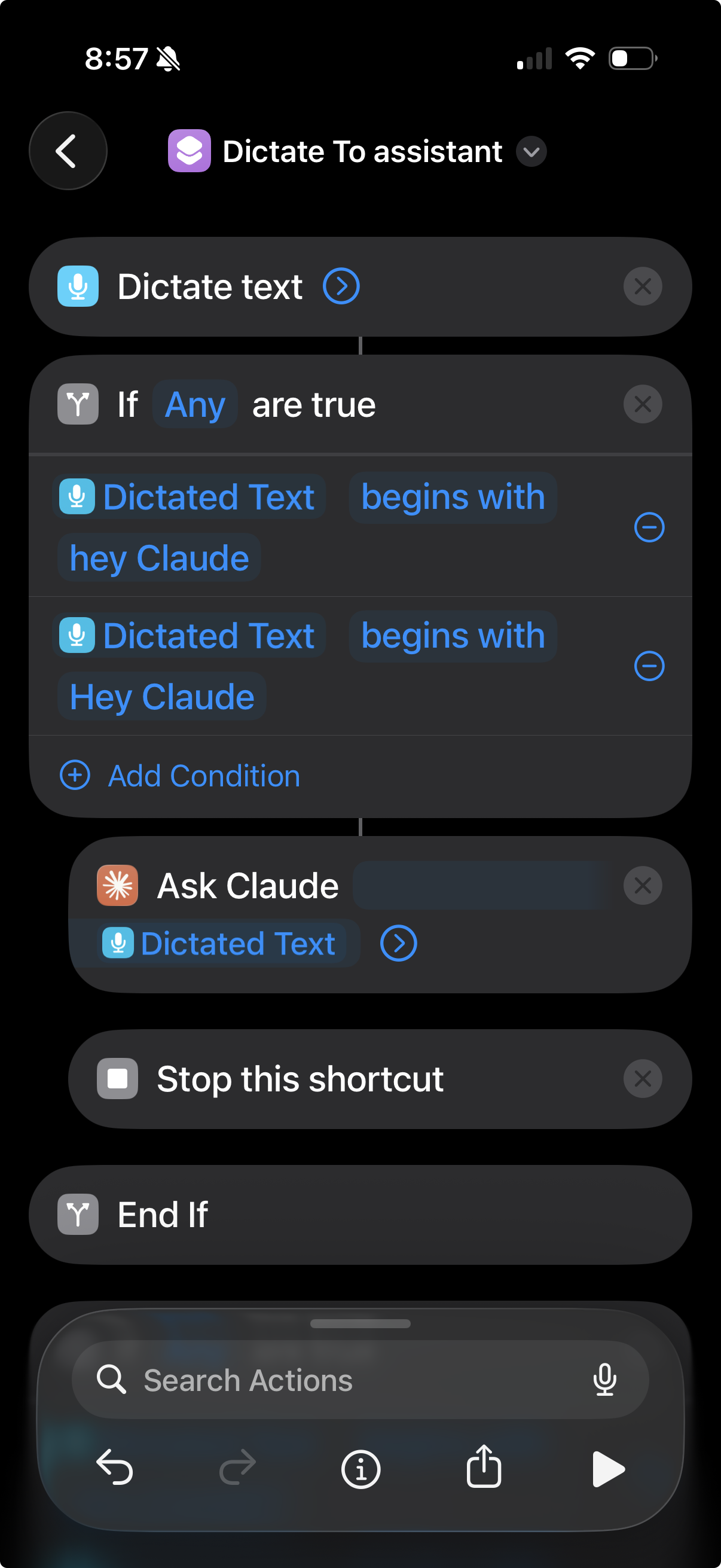 Screenshot of Shortcut flow, Part 1: Dictate text, check for 'hey Claude', route to Ask Claude 