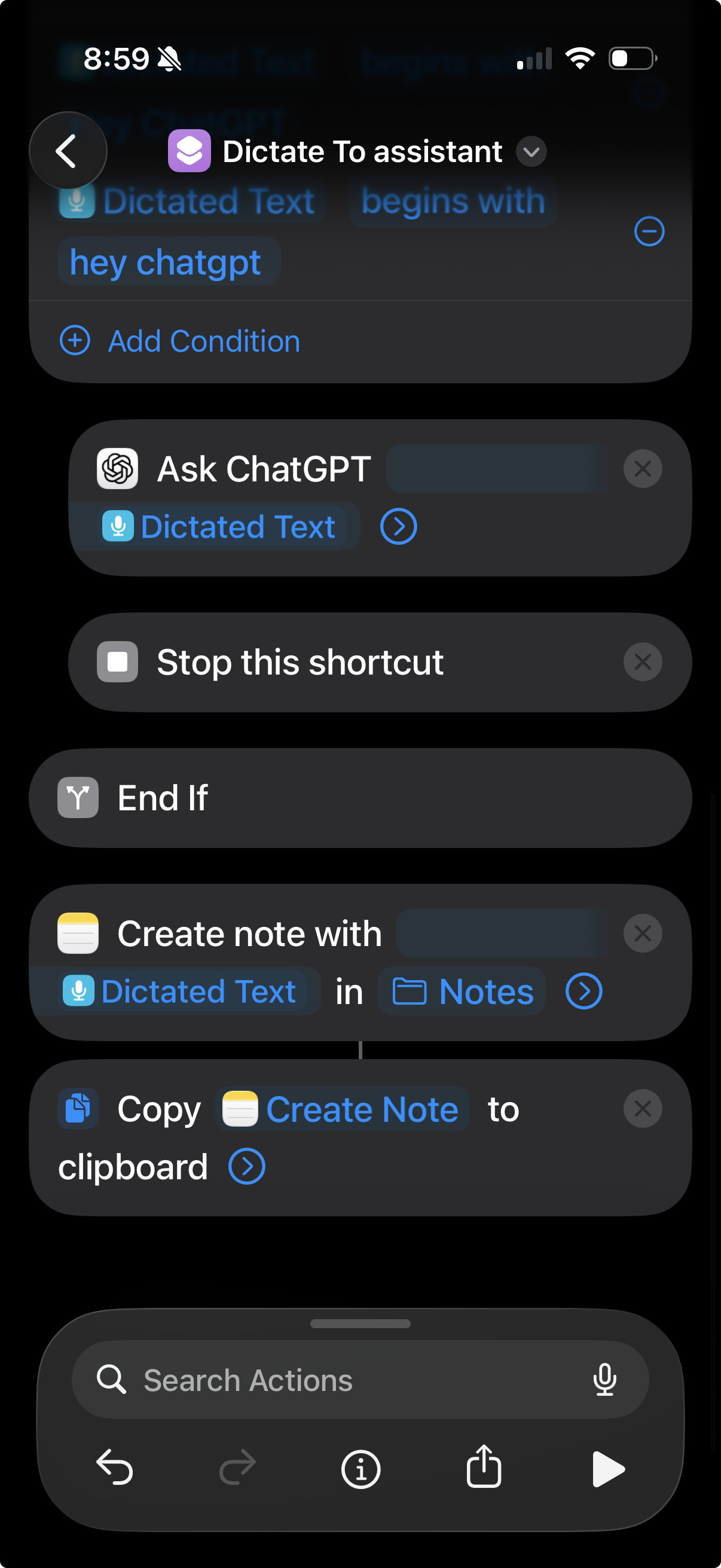 Screenshot of Shortcut flow, Part 2: Check for 'hey chatgpt', otherwise create note and copy to clipboard